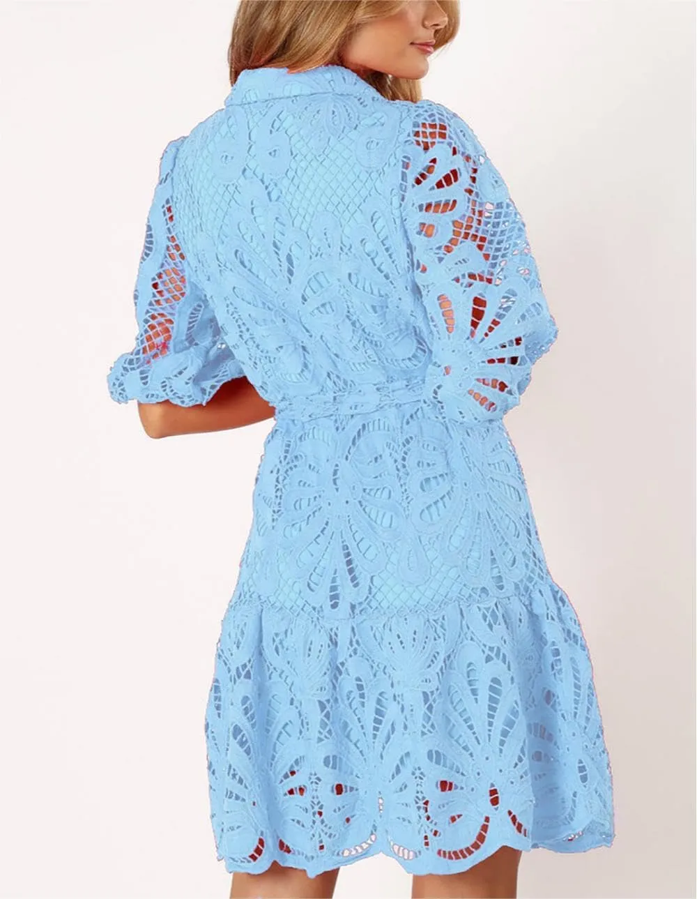 Women's Summer Hollow Out Lace Mini Dress Lantern Sleeve Lapel Button Ruffle Casual Beach Party Dresses