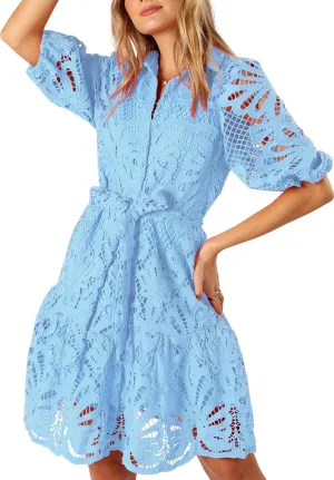 Women's Summer Hollow Out Lace Mini Dress Lantern Sleeve Lapel Button Ruffle Casual Beach Party Dresses