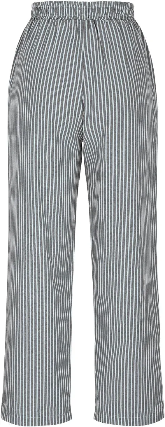 Women's Summer Striped Casual Pants High Waisted Cotton Linen Pants Drawstring Side Pockets Elastic Waist Trousers