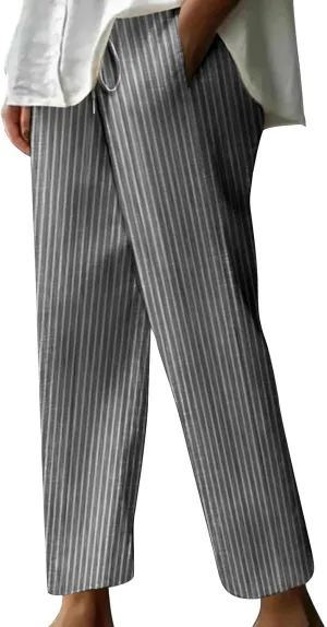 Women's Summer Striped Casual Pants High Waisted Cotton Linen Pants Drawstring Side Pockets Elastic Waist Trousers