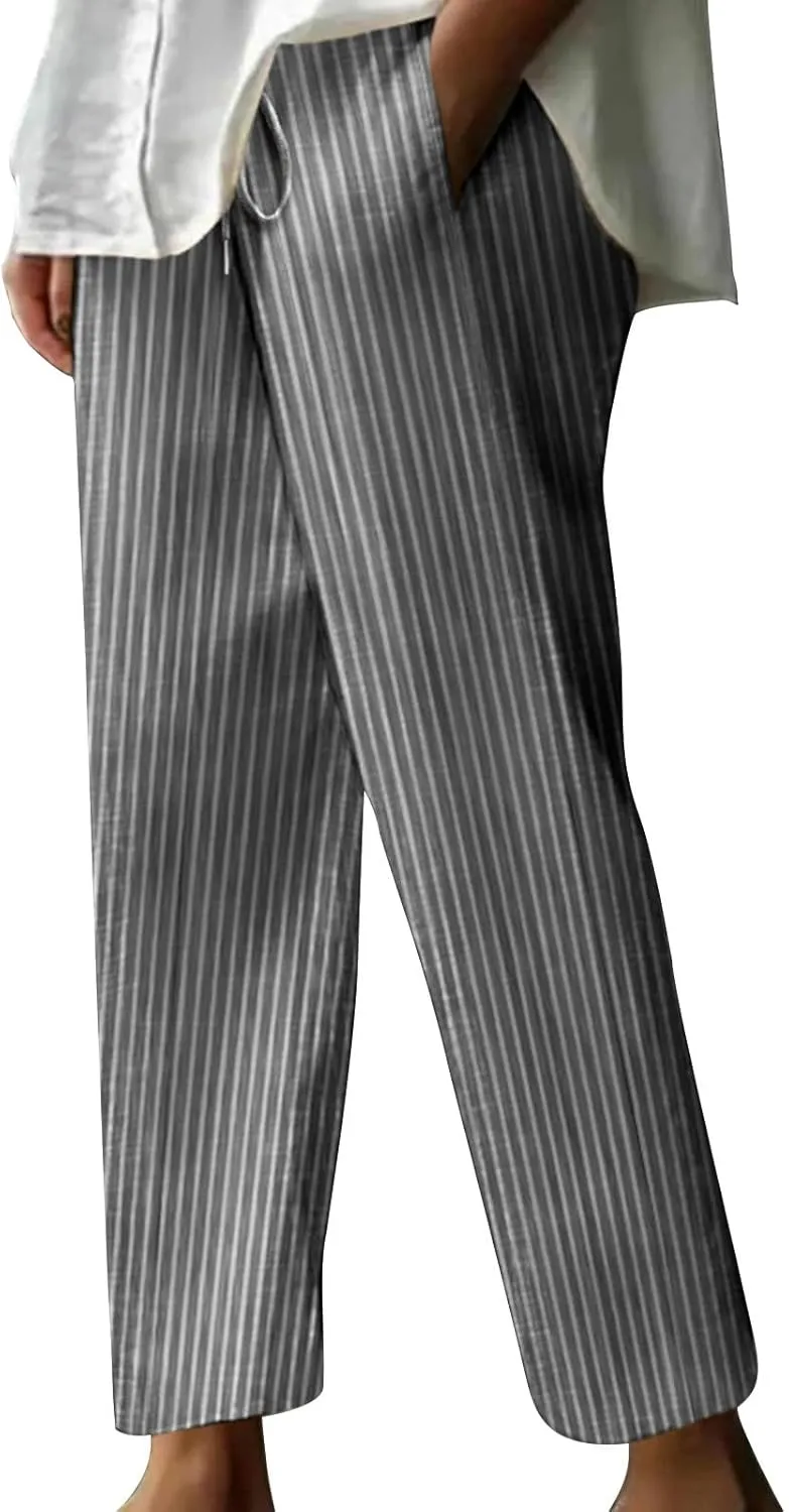 Women's Summer Striped Casual Pants High Waisted Cotton Linen Pants Drawstring Side Pockets Elastic Waist Trousers