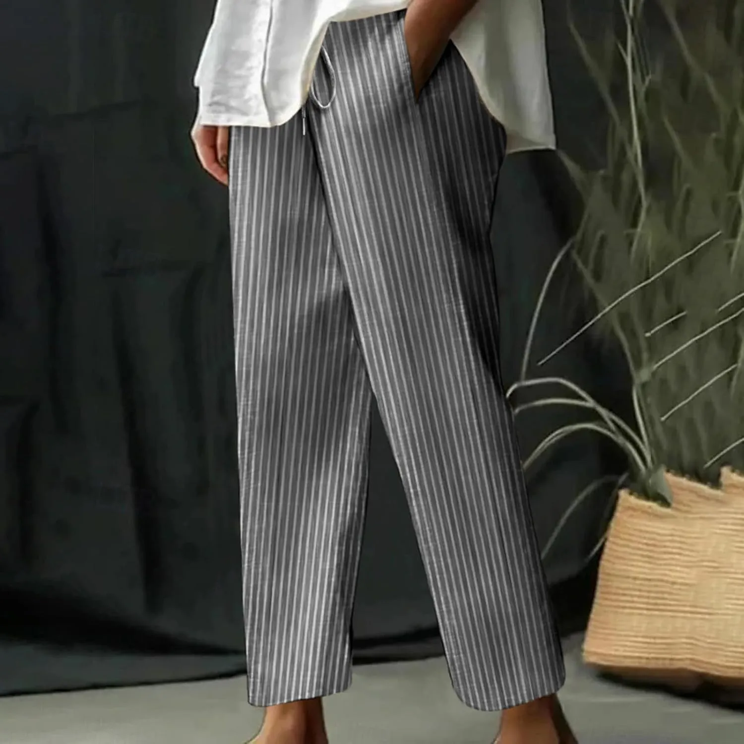 Women's Summer Striped Casual Pants High Waisted Cotton Linen Pants Drawstring Side Pockets Elastic Waist Trousers