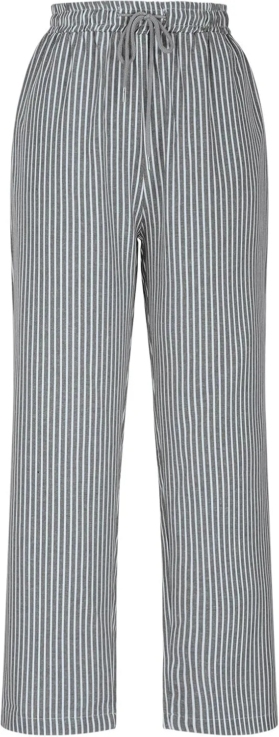 Women's Summer Striped Casual Pants High Waisted Cotton Linen Pants Drawstring Side Pockets Elastic Waist Trousers
