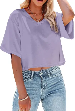 Women's Summer V Neck Cropped Tops Short Half Sleeve Loose Fit Tee Shirts