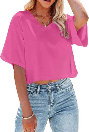 Women's Summer V Neck Cropped Tops Short Half Sleeve Loose Fit Tee Shirts