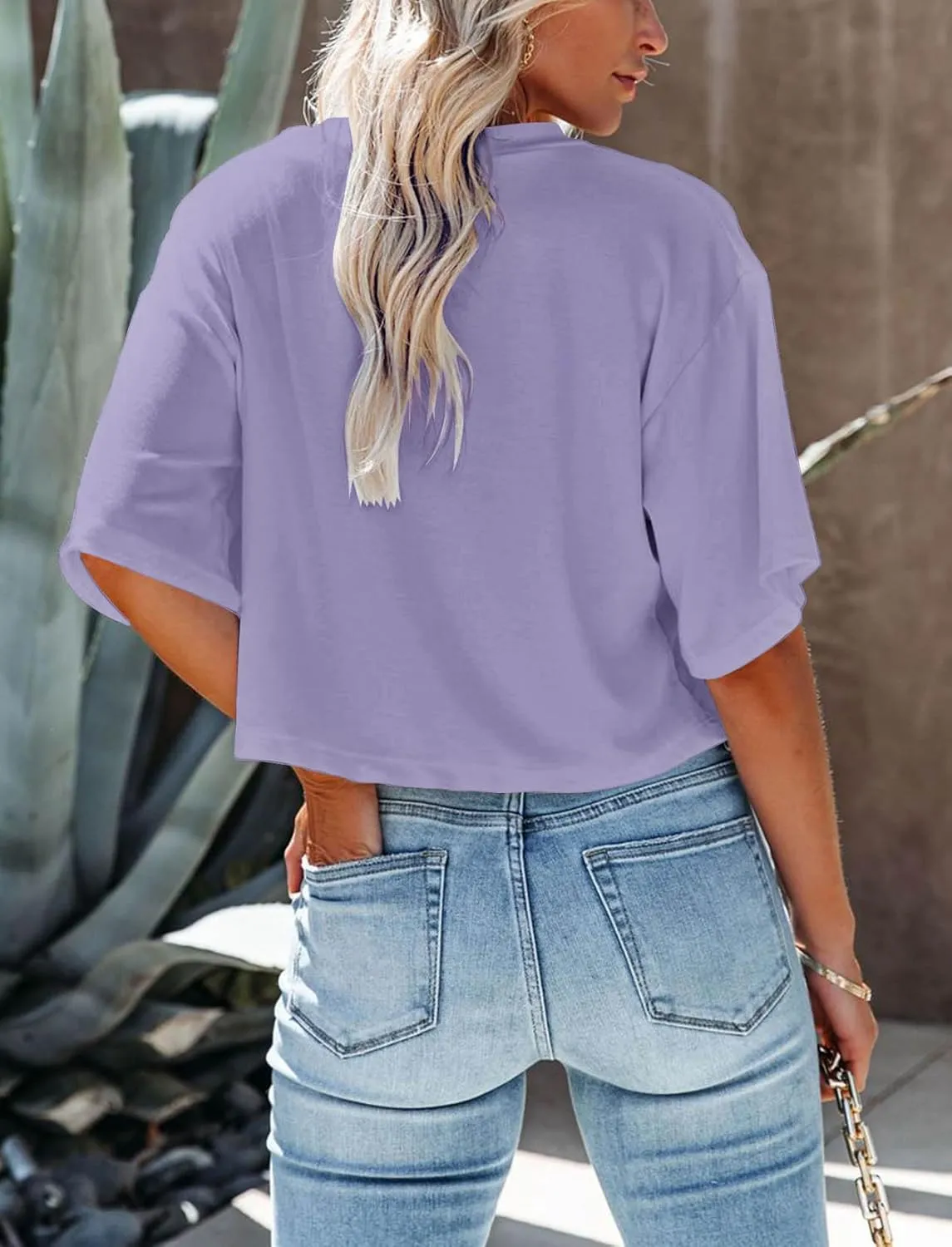 Women's Summer V Neck Cropped Tops Short Half Sleeve Loose Fit Tee Shirts