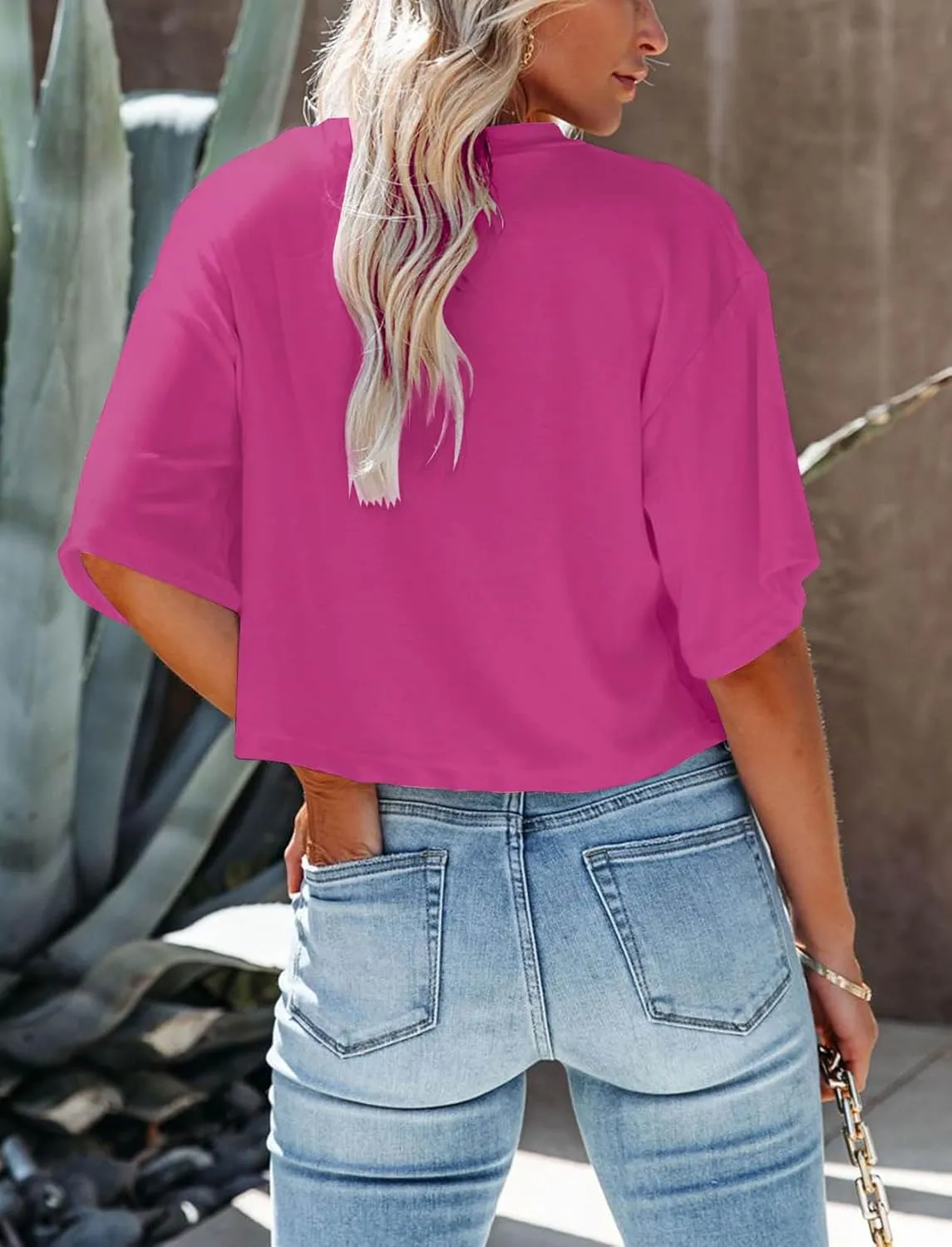 Women's Summer V Neck Cropped Tops Short Half Sleeve Loose Fit Tee Shirts