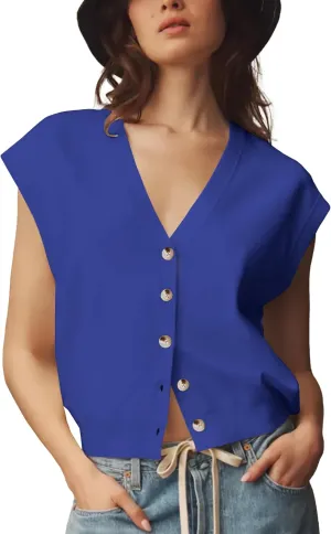 Womens Sweater Vest Cap Sleeve V Neck Knit Button Down Vest Tops Casual Summer Tank Top