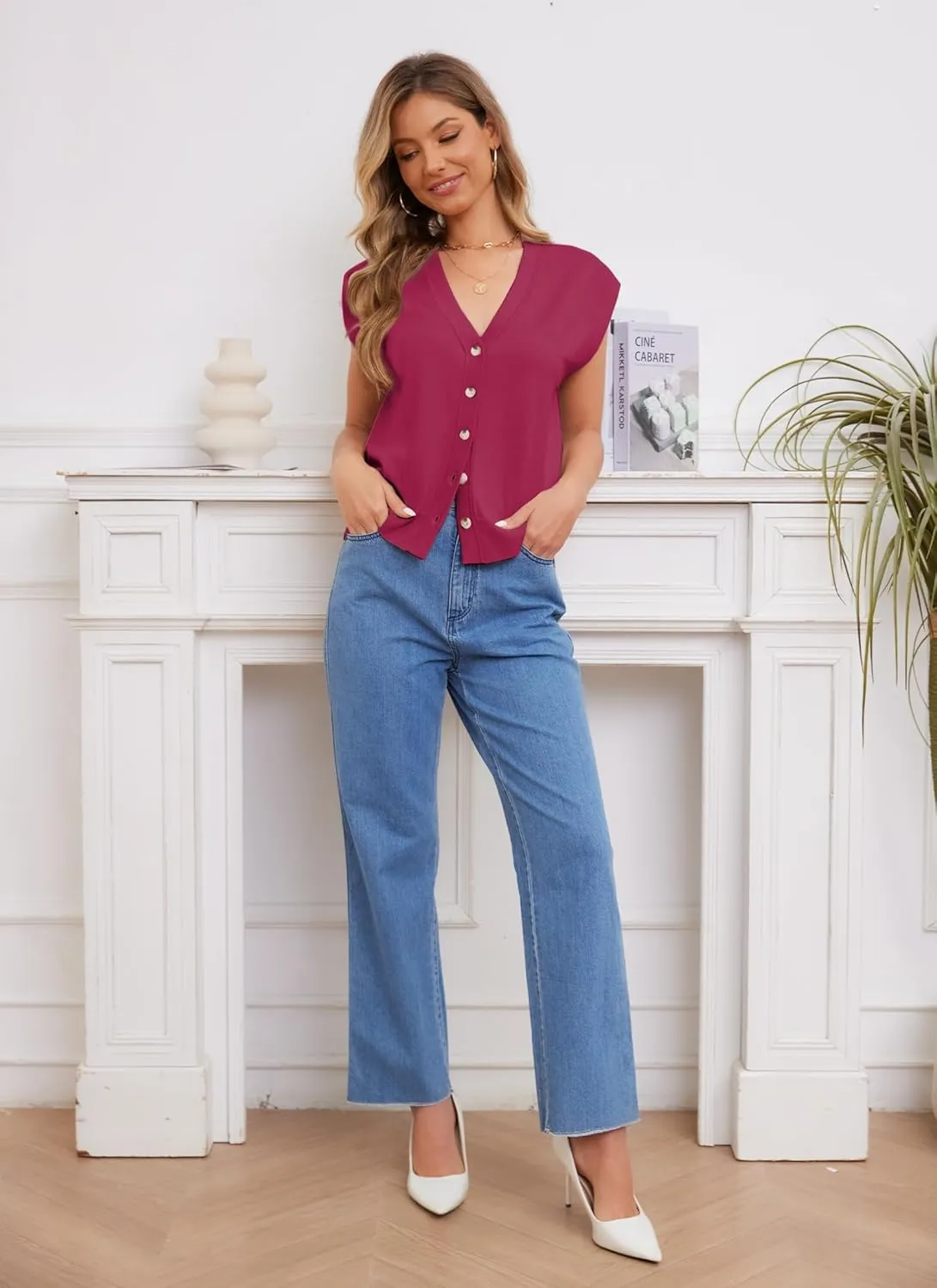 Womens Sweater Vest Cap Sleeve V Neck Knit Button Down Vest Tops Casual Summer Tank Top
