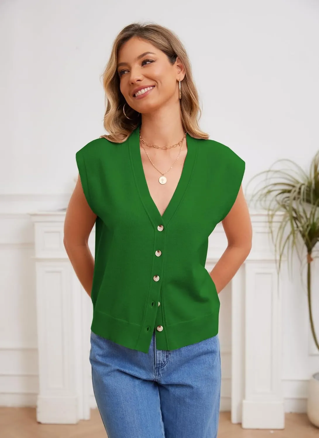 Womens Sweater Vest Cap Sleeve V Neck Knit Button Down Vest Tops Casual Summer Tank Top