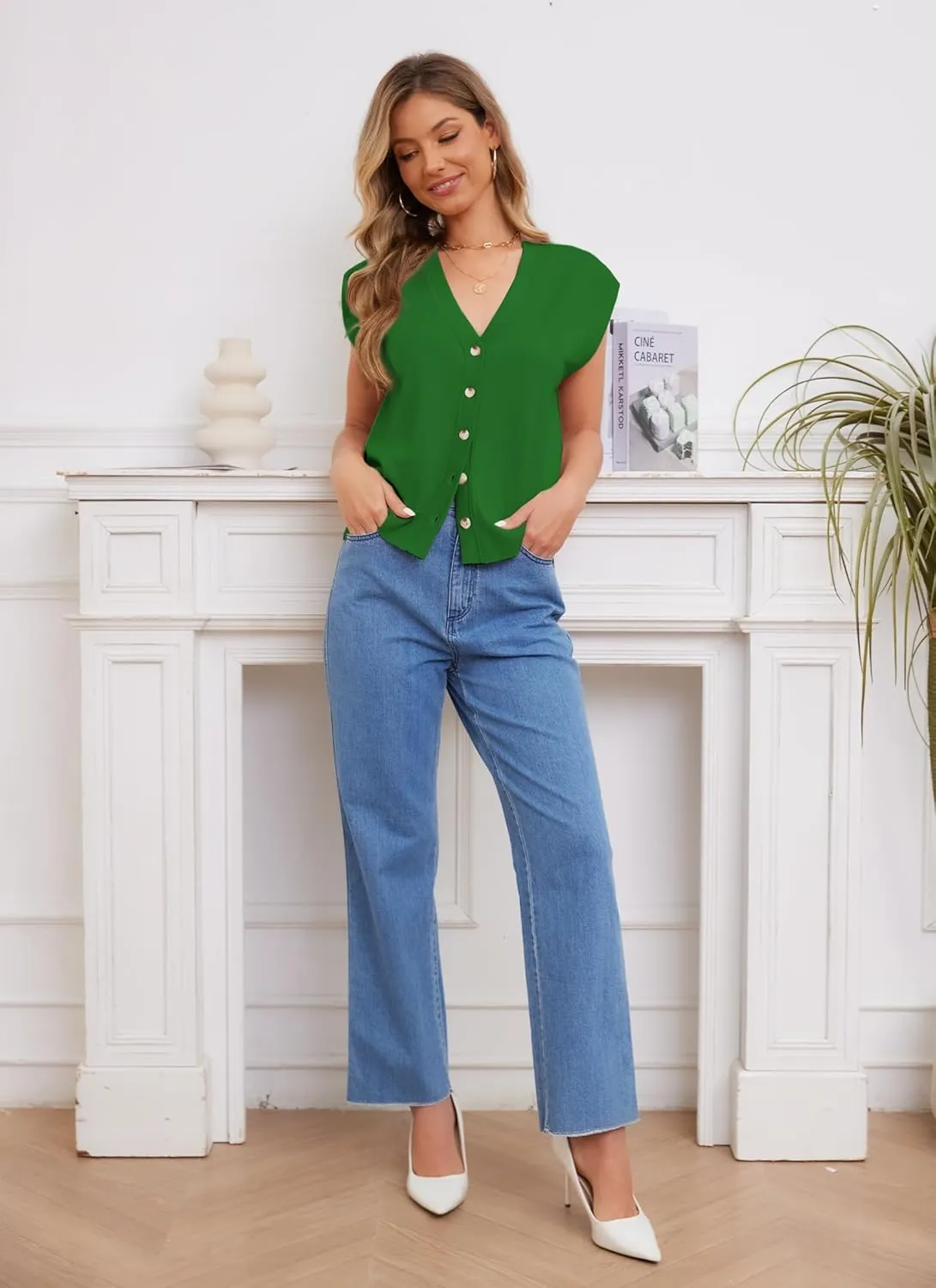 Womens Sweater Vest Cap Sleeve V Neck Knit Button Down Vest Tops Casual Summer Tank Top