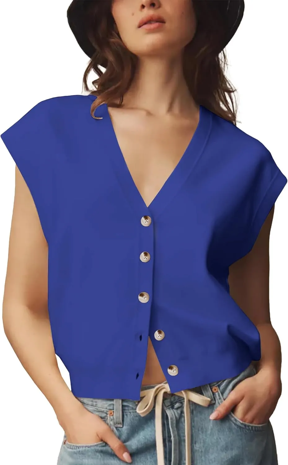Womens Sweater Vest Cap Sleeve V Neck Knit Button Down Vest Tops Casual Summer Tank Top