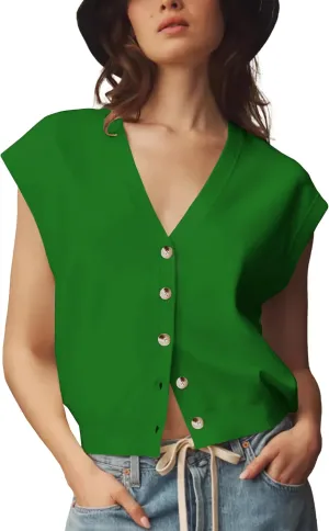 Womens Sweater Vest Cap Sleeve V Neck Knit Button Down Vest Tops Casual Summer Tank Top