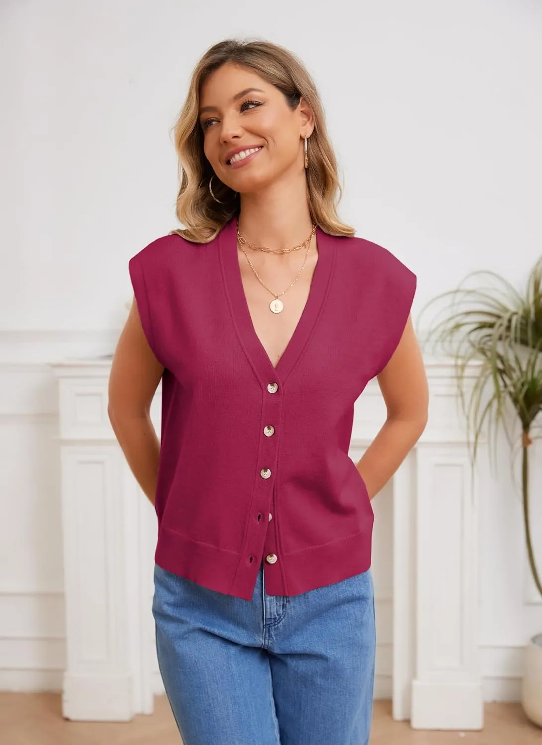 Womens Sweater Vest Cap Sleeve V Neck Knit Button Down Vest Tops Casual Summer Tank Top