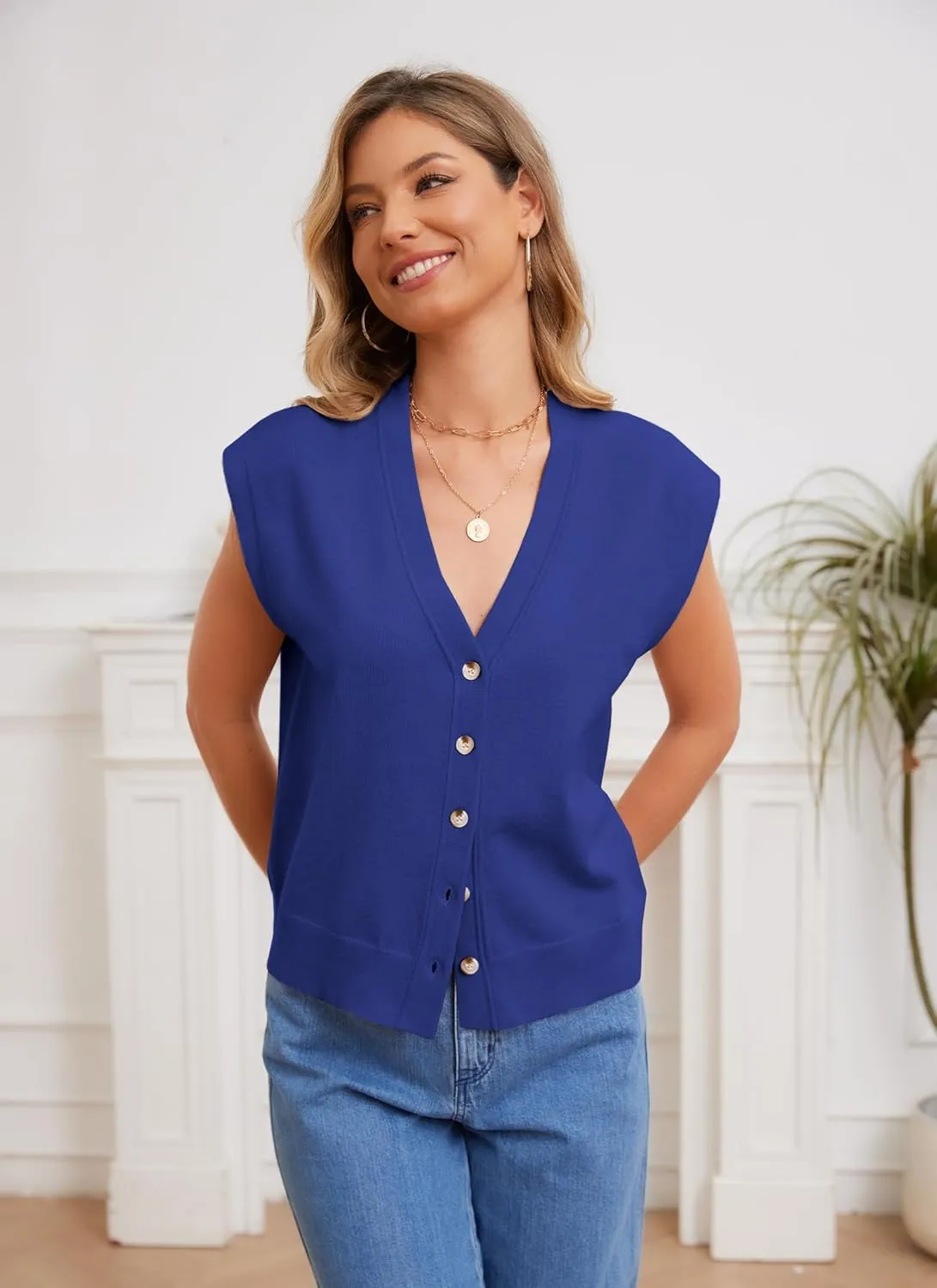 Womens Sweater Vest Cap Sleeve V Neck Knit Button Down Vest Tops Casual Summer Tank Top