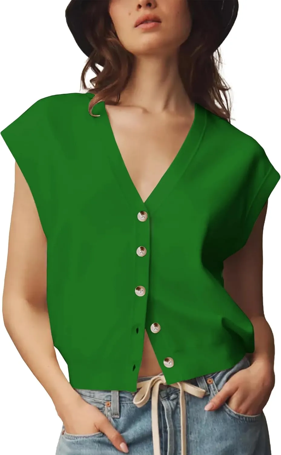 Womens Sweater Vest Cap Sleeve V Neck Knit Button Down Vest Tops Casual Summer Tank Top