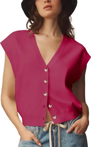 Womens Sweater Vest Cap Sleeve V Neck Knit Button Down Vest Tops Casual Summer Tank Top