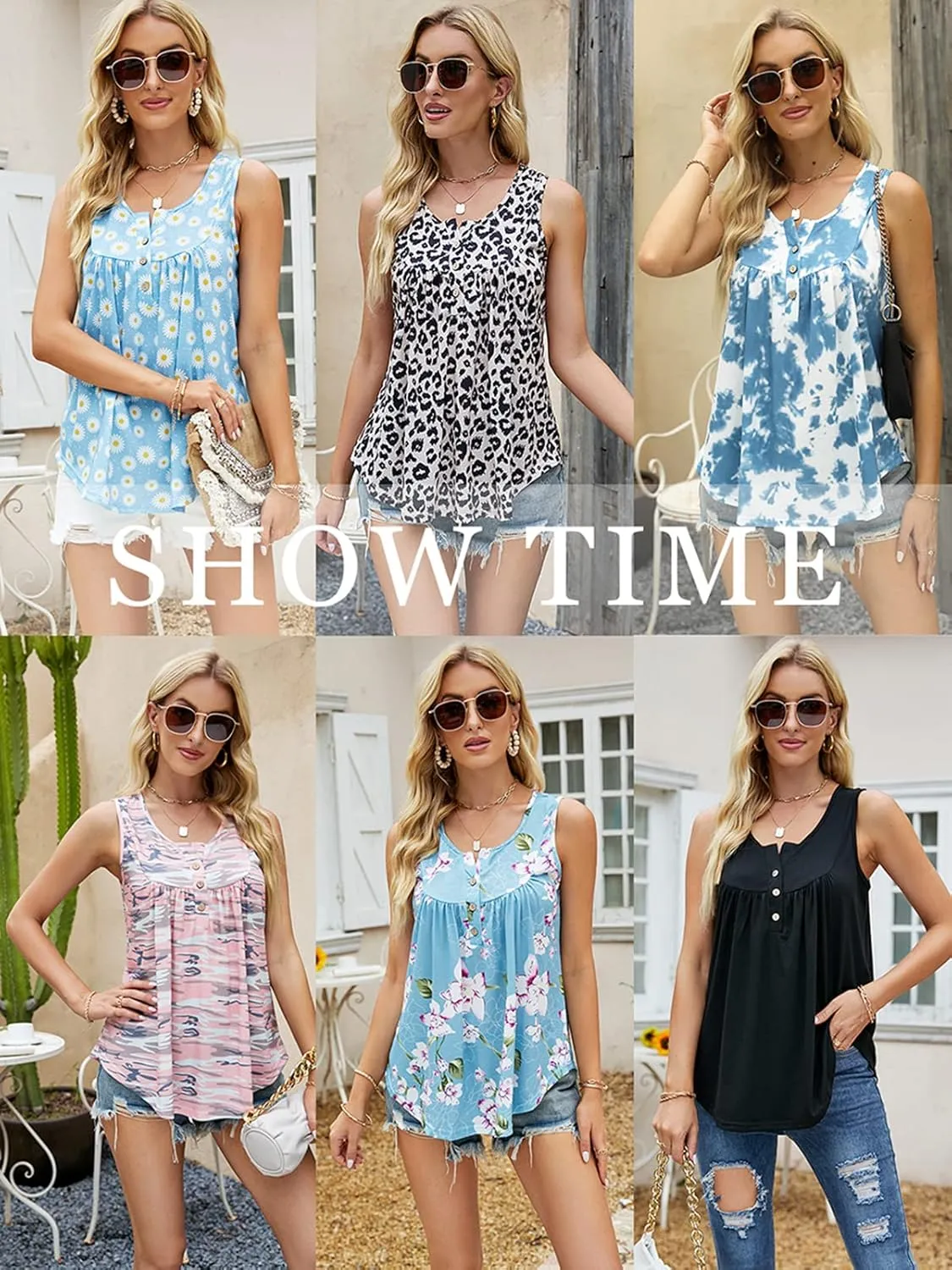 Womens Tank Tops Summer Sleeveless Henley Shirts Flowy Pleated V-Neck Tunics Tee