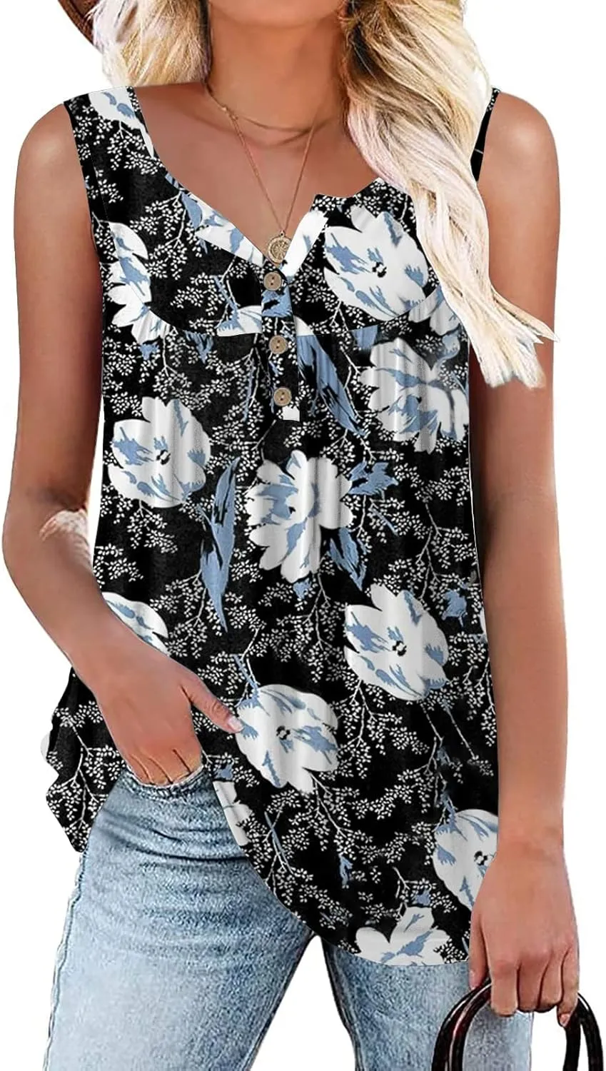 Womens Tank Tops Summer Sleeveless Henley Shirts Flowy Pleated V-Neck Tunics Tee