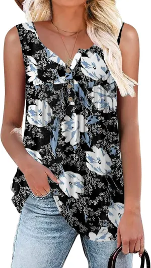 Womens Tank Tops Summer Sleeveless Henley Shirts Flowy Pleated V-Neck Tunics Tee
