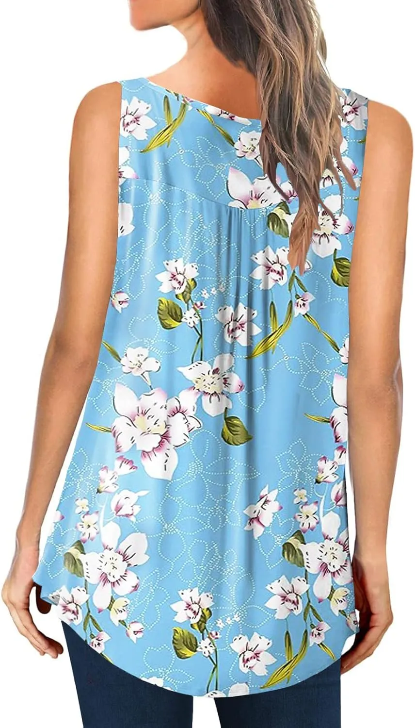 Womens Tank Tops Summer Sleeveless Henley Shirts Flowy Pleated V-Neck Tunics Tee