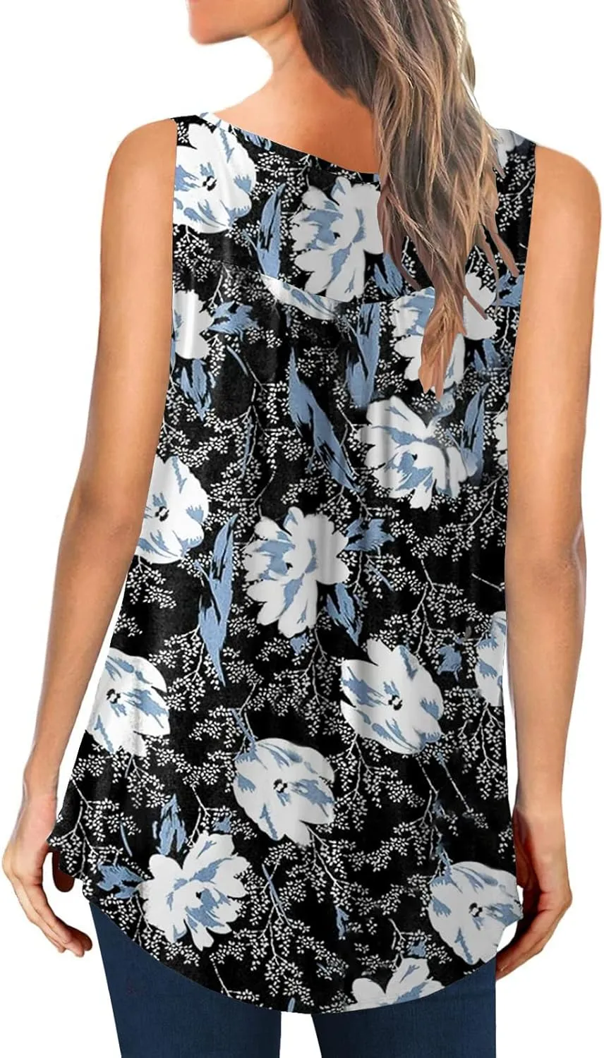 Womens Tank Tops Summer Sleeveless Henley Shirts Flowy Pleated V-Neck Tunics Tee