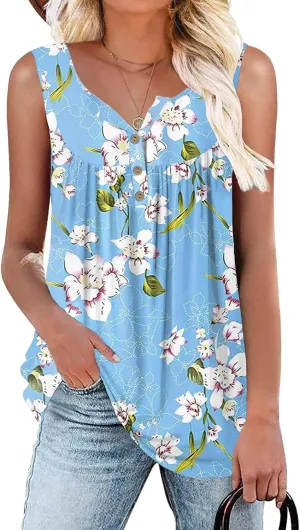 Womens Tank Tops Summer Sleeveless Henley Shirts Flowy Pleated V-Neck Tunics Tee