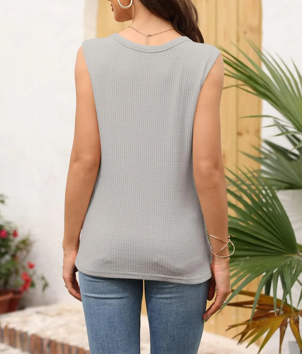 Womens Tank Tops V Neck Waffle Knit Summer Casual Sleeveless Loose Tee Shirts