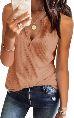 Womens Tank Tops V Neck Waffle Knit Summer Casual Sleeveless Loose Tee Shirts