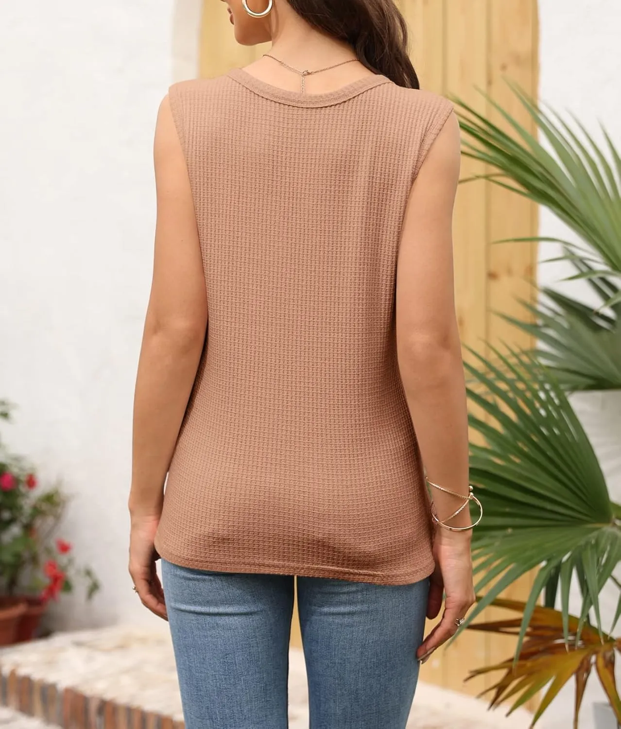 Womens Tank Tops V Neck Waffle Knit Summer Casual Sleeveless Loose Tee Shirts