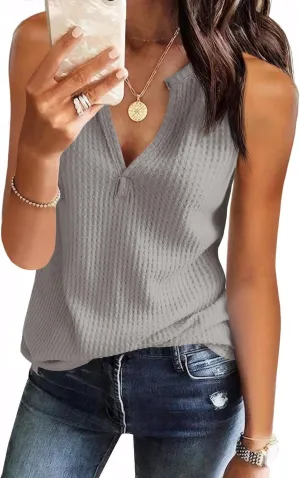 Womens Tank Tops V Neck Waffle Knit Summer Casual Sleeveless Loose Tee Shirts