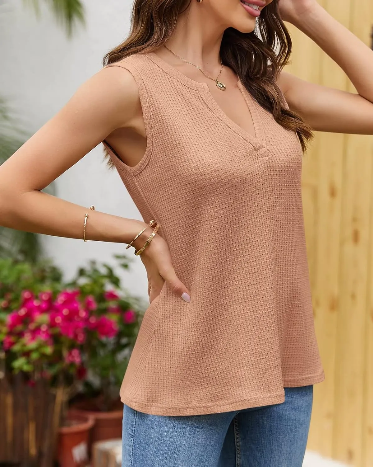 Womens Tank Tops V Neck Waffle Knit Summer Casual Sleeveless Loose Tee Shirts