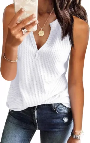 Womens Tank Tops V Neck Waffle Knit Summer Casual Sleeveless Loose Tee Shirts