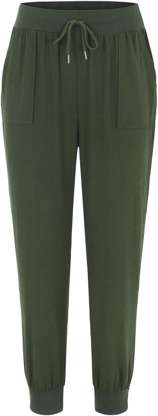 Womens Tapered Pants Cotton Linen Drawstring Elastic Waist Pants Casual Trousers with Pockets Joggers Travel Slacks