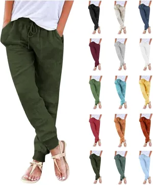 Womens Tapered Pants Cotton Linen Drawstring Elastic Waist Pants Casual Trousers with Pockets Joggers Travel Slacks