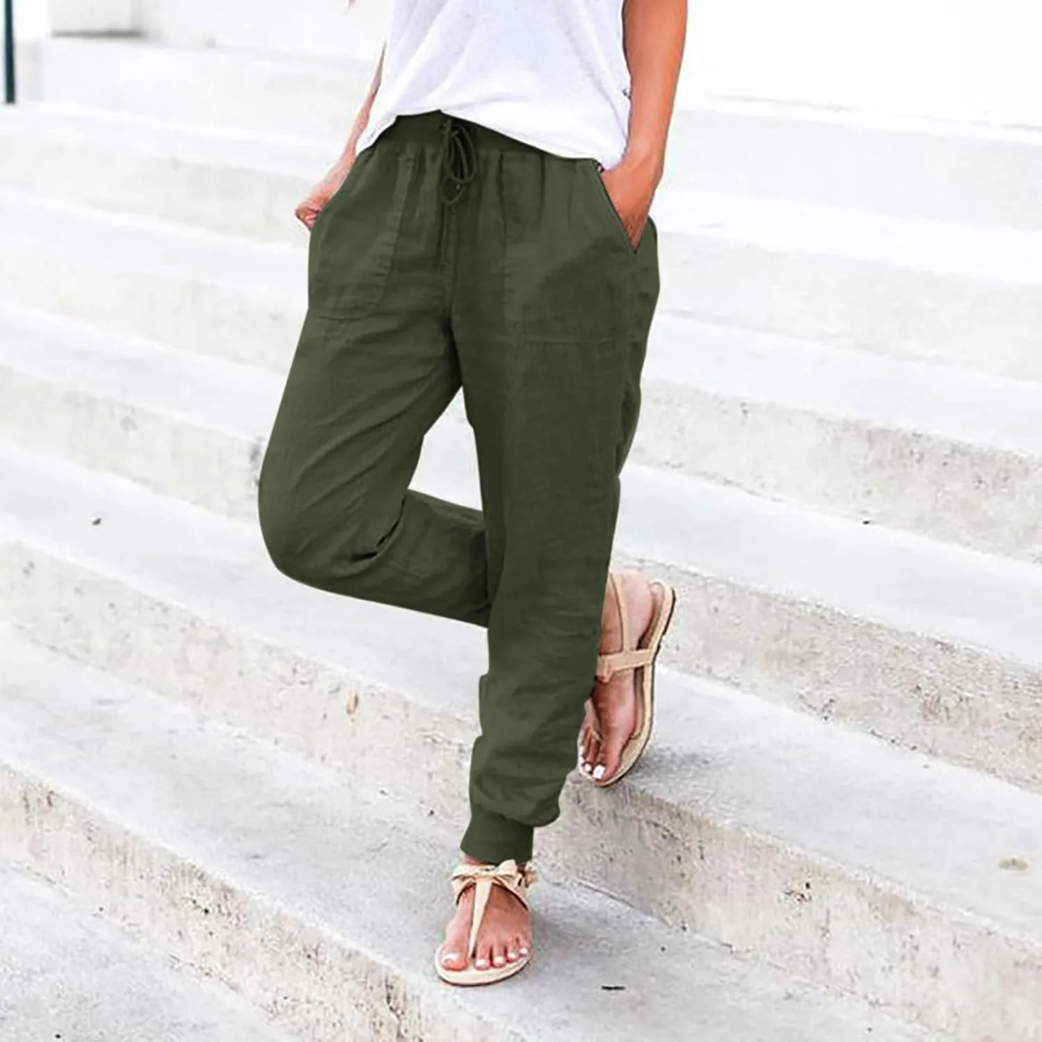 Womens Tapered Pants Cotton Linen Drawstring Elastic Waist Pants Casual Trousers with Pockets Joggers Travel Slacks