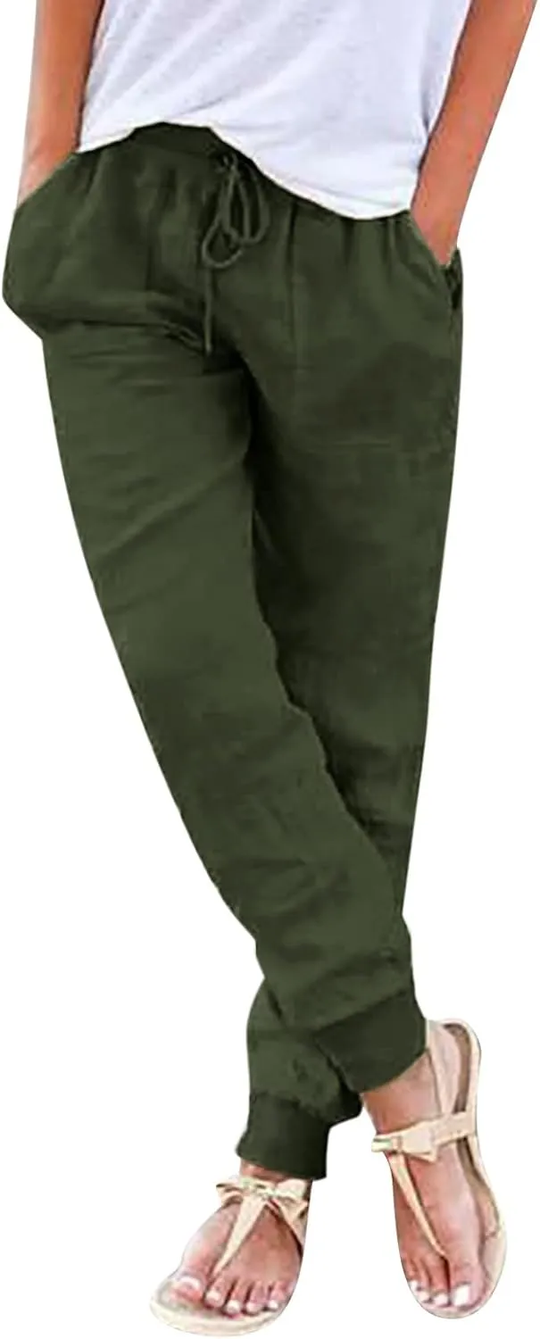 Womens Tapered Pants Cotton Linen Drawstring Elastic Waist Pants Casual Trousers with Pockets Joggers Travel Slacks