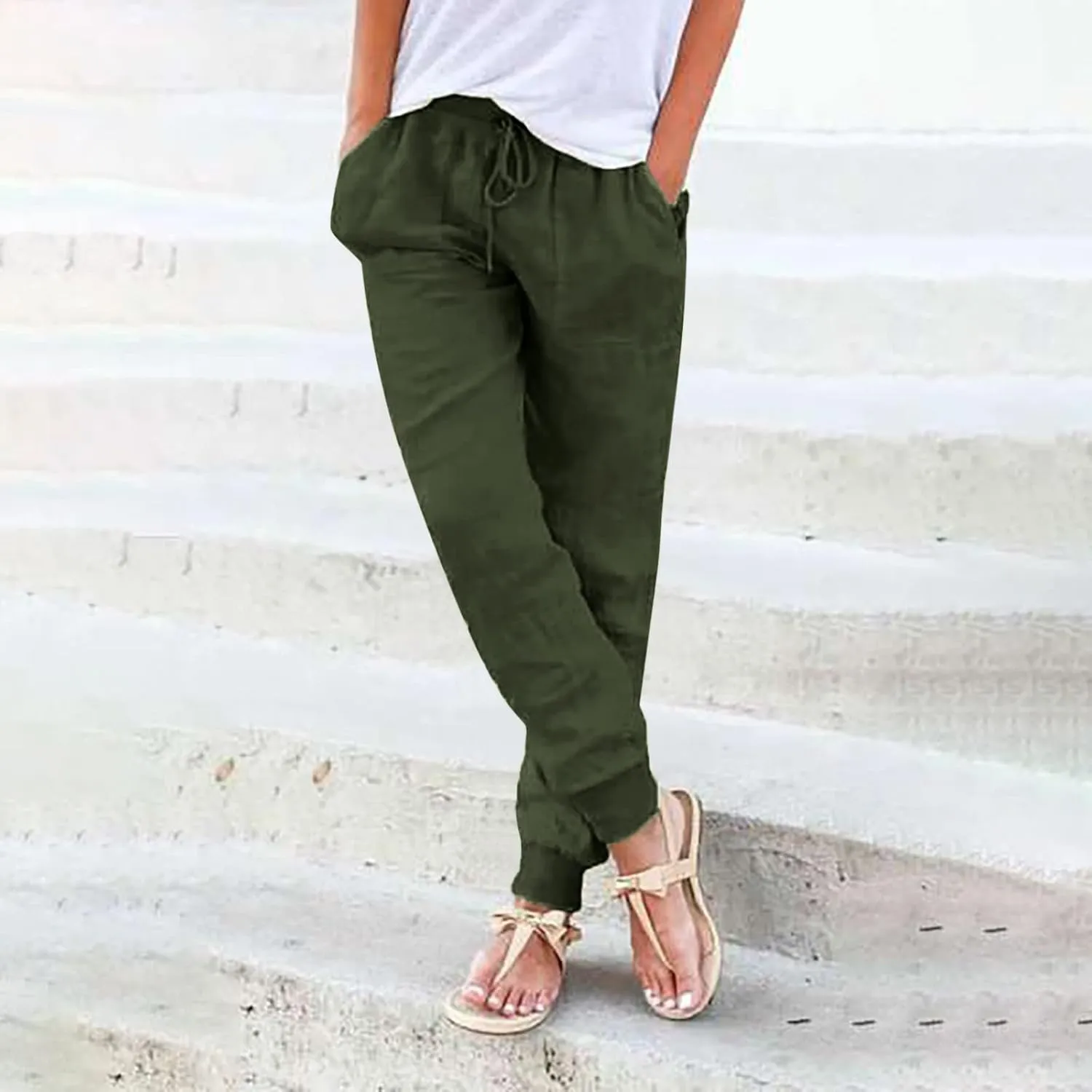 Womens Tapered Pants Cotton Linen Drawstring Elastic Waist Pants Casual Trousers with Pockets Joggers Travel Slacks