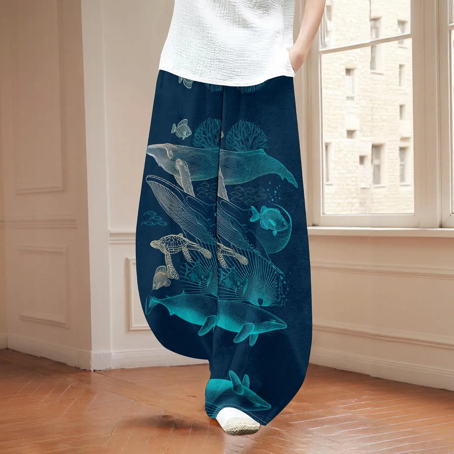 Womens Trendy Cotton Linen Low Rise Wide Leg Pants with Pockets Summer Casual Elastic Waist Palazzo Lantern Trouser