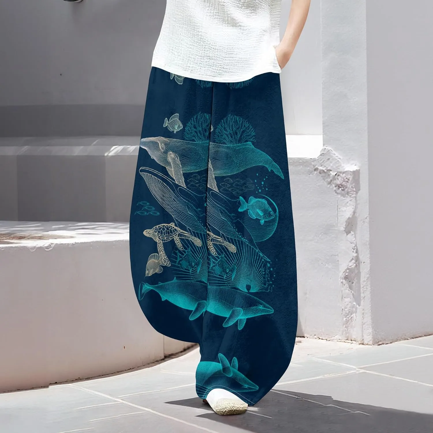 Womens Trendy Cotton Linen Low Rise Wide Leg Pants with Pockets Summer Casual Elastic Waist Palazzo Lantern Trouser