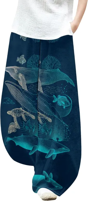 Womens Trendy Cotton Linen Low Rise Wide Leg Pants with Pockets Summer Casual Elastic Waist Palazzo Lantern Trouser