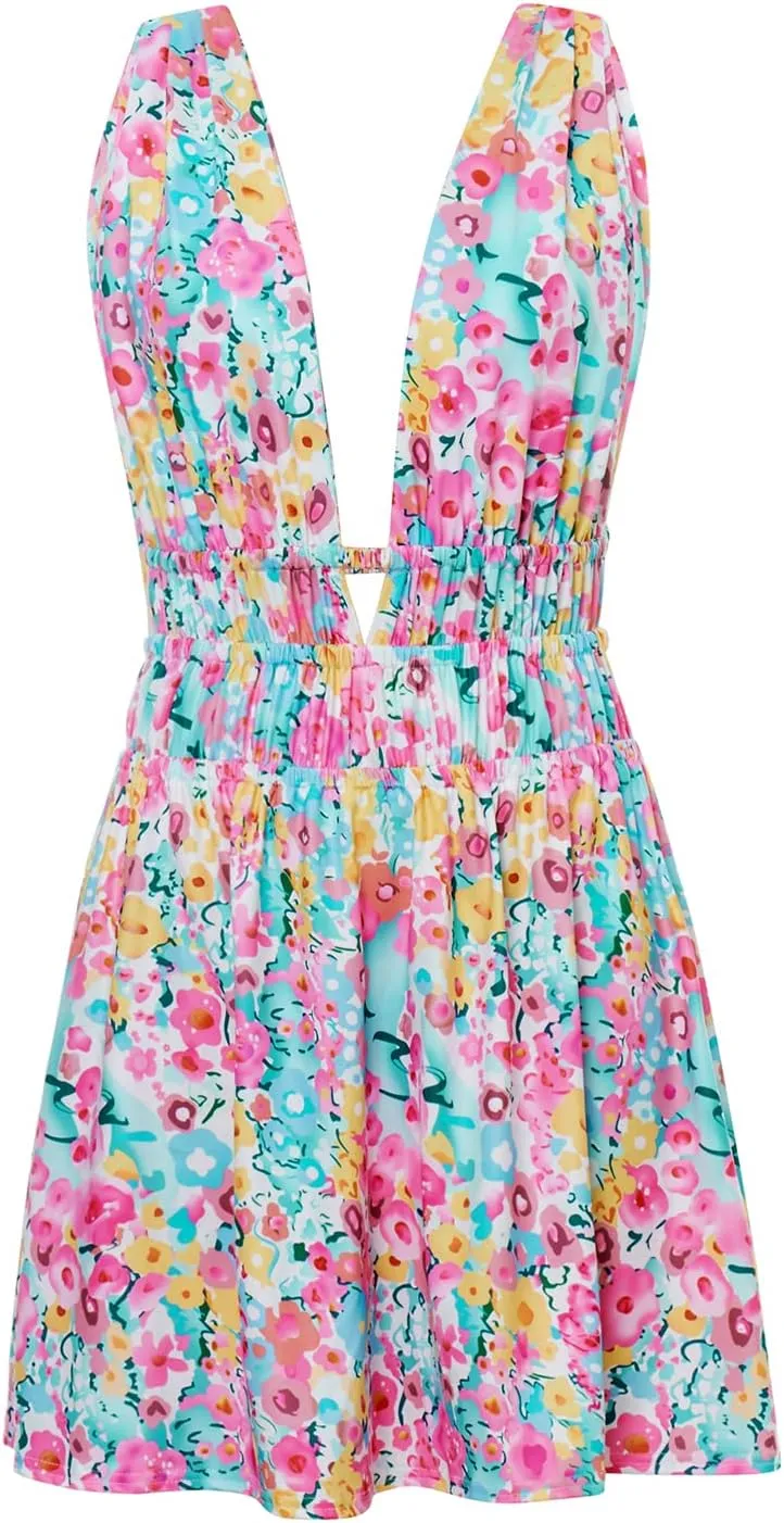 Women's V Neck Floral Mini Dress Backless Sleeveless Ruffle Swing A Line Short Dresses Y2k Club Party Streetwear