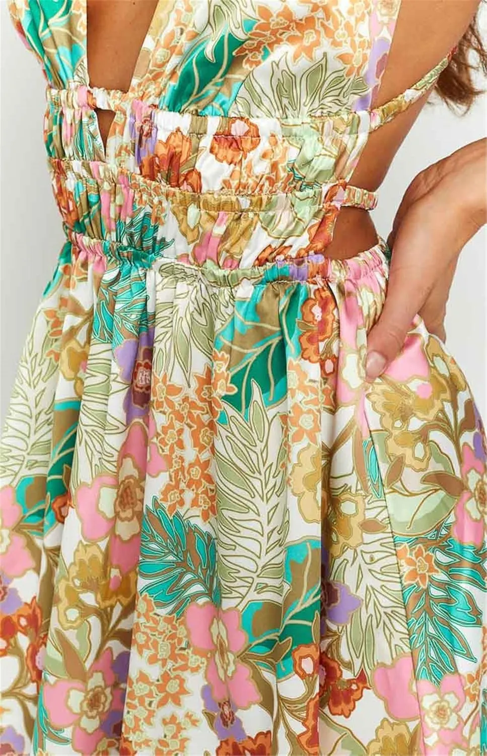 Women's V Neck Floral Mini Dress Backless Sleeveless Ruffle Swing A Line Short Dresses Y2k Club Party Streetwear
