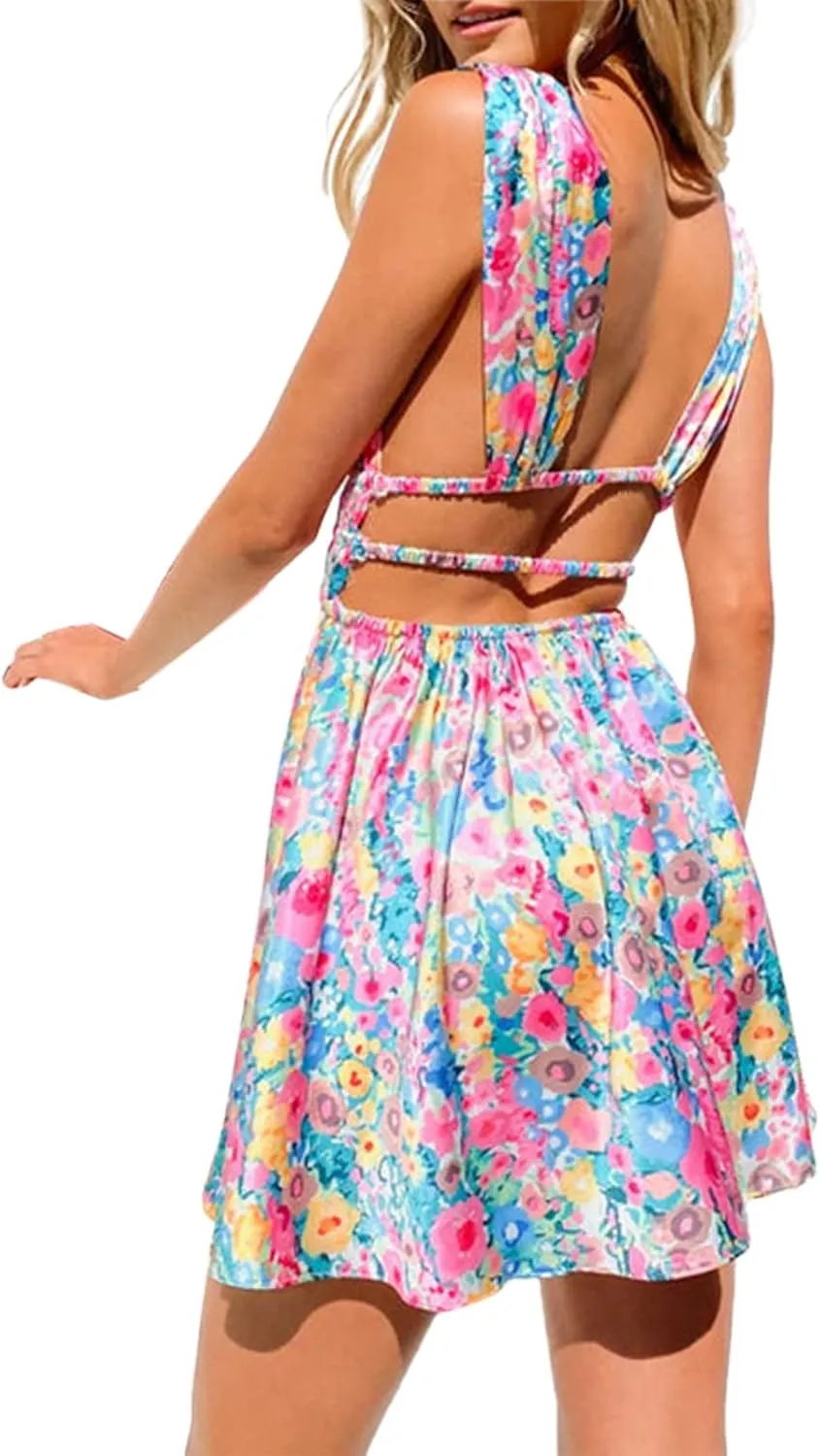 Women's V Neck Floral Mini Dress Backless Sleeveless Ruffle Swing A Line Short Dresses Y2k Club Party Streetwear