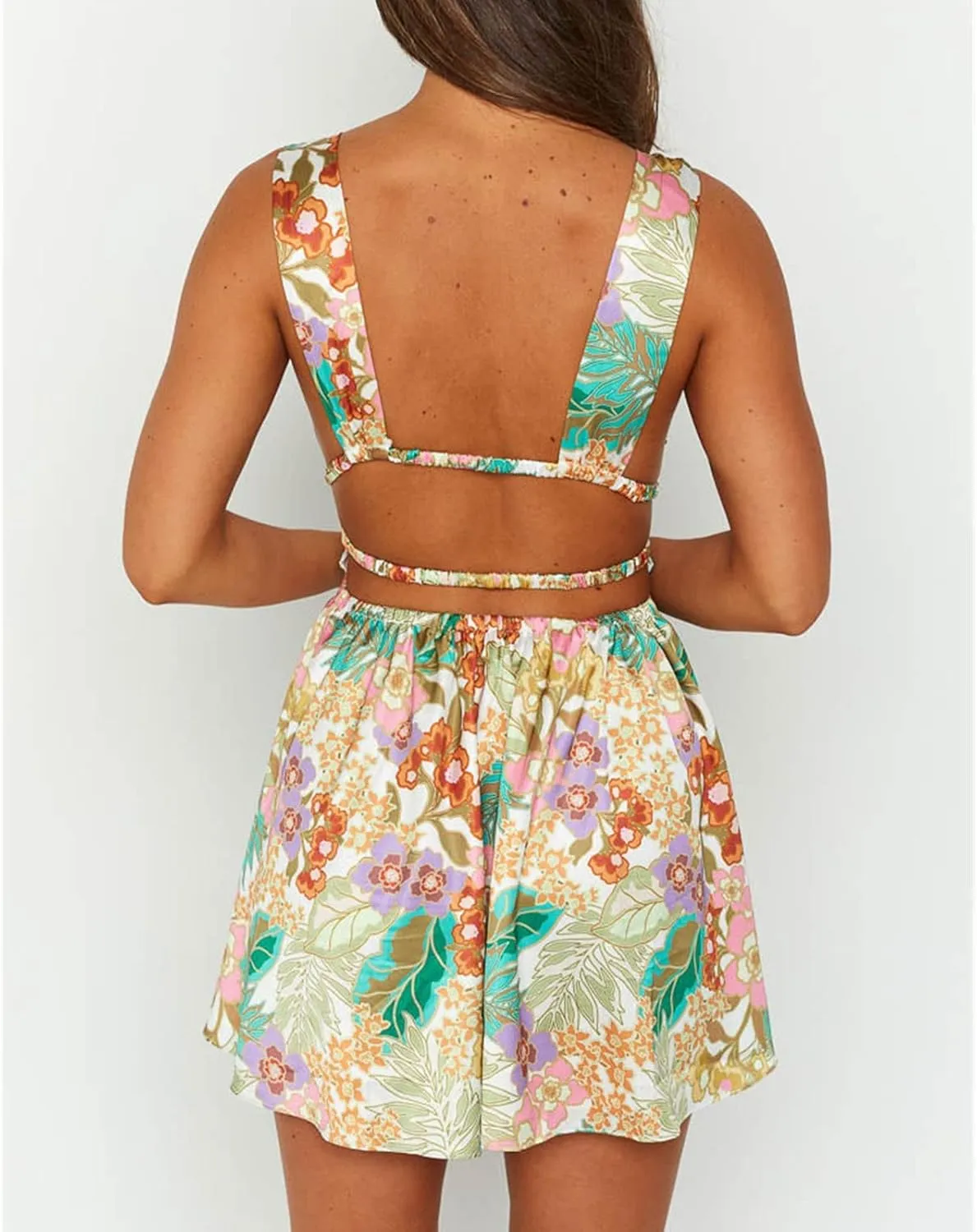 Women's V Neck Floral Mini Dress Backless Sleeveless Ruffle Swing A Line Short Dresses Y2k Club Party Streetwear