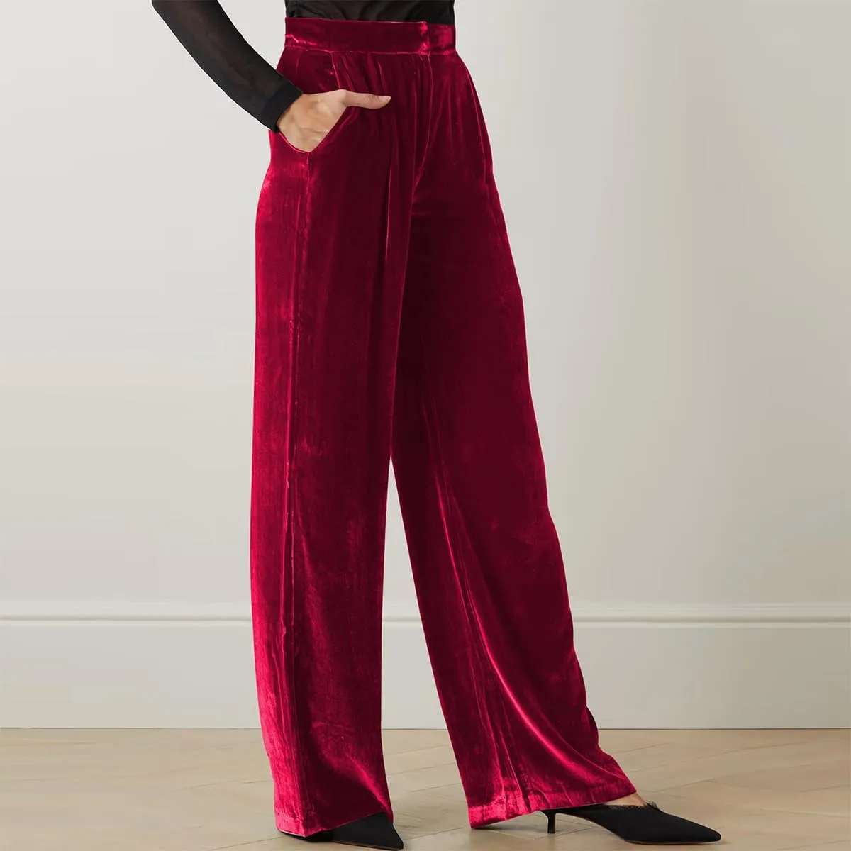 Women's Velvet High Waist Wide Leg Pants Casual Baggy Pants for Fall Winter