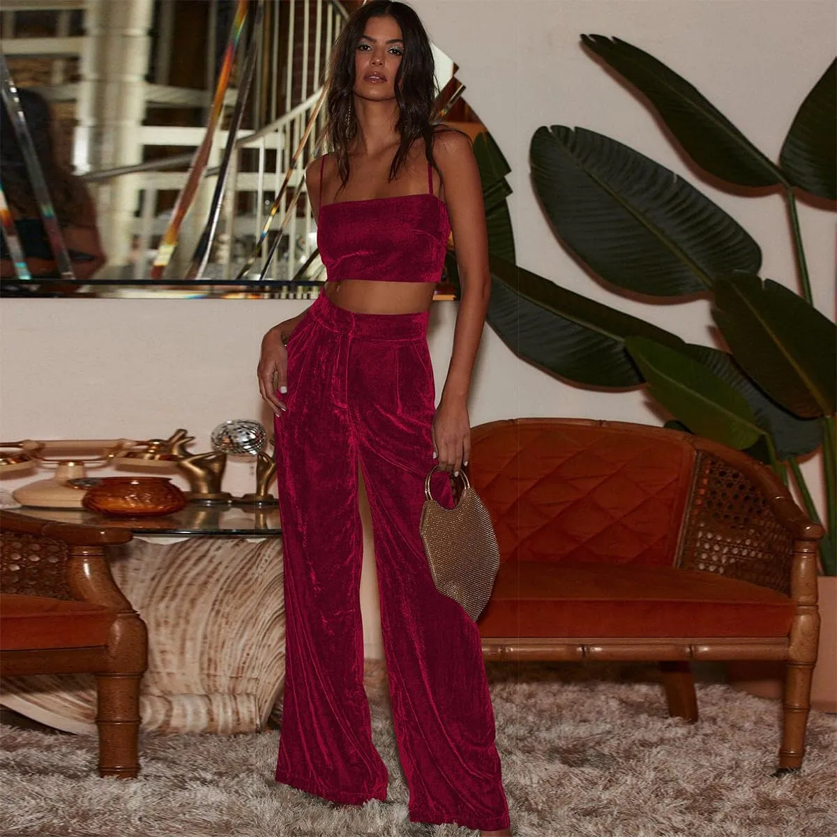 Women's Velvet High Waist Wide Leg Pants Casual Baggy Pants for Fall Winter