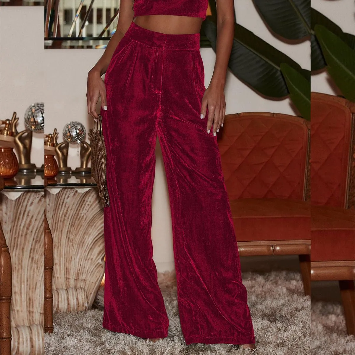 Women's Velvet High Waist Wide Leg Pants Casual Baggy Pants for Fall Winter