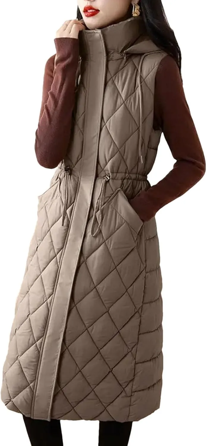 Womens Vest Loose Winter Long Down Cotton Jacket Knee Thick Sleeveless Waistcoat Hooded Oversize Jacket