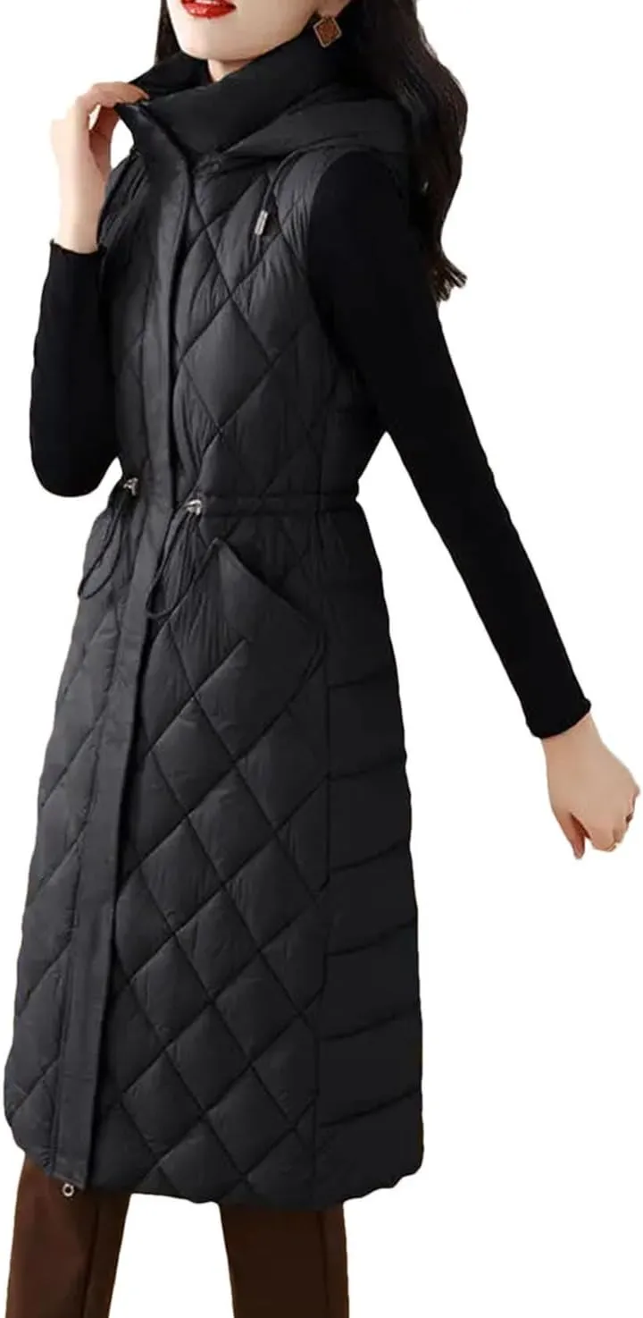 Womens Vest Loose Winter Long Down Cotton Jacket Knee Thick Sleeveless Waistcoat Hooded Oversize Jacket
